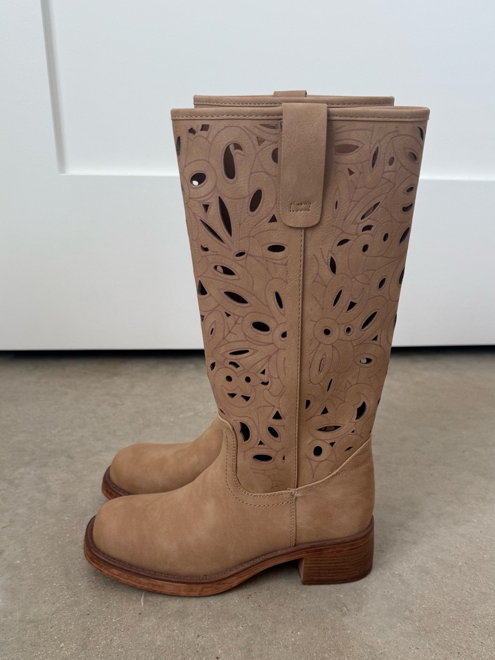 NYC Tan Laser-Cut Knee Boot